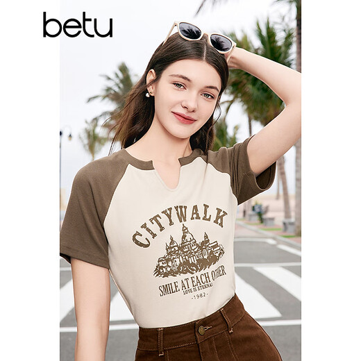 Betu women's summer new T-shirt American retro printed raglan contrast short-sleeved T-shirt for women 2404T10 apricot XS