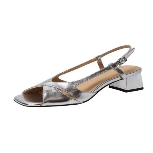 Spider King Silver One-Strip Open Open Talon Sandales pour les femmes 2024 Été Nouveau poisson en cuir rétro français Bouche à mi-talons Silver 35