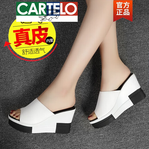 卡帝乐鳄鱼（CARTELO）高档拖鞋外穿百搭真皮坡跟防水台高跟凉鞋松糕厚底一字平底凉拖鞋 黑色 38