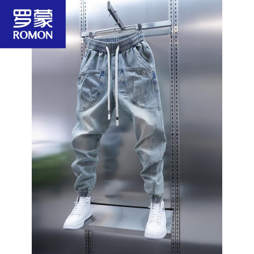 罗蒙（ROMON）2025春秋季水洗牛仔裤男大口袋束脚哈伦裤浅蓝色痞帅束脚休闲裤 浅蓝色 32 建议135-150斤