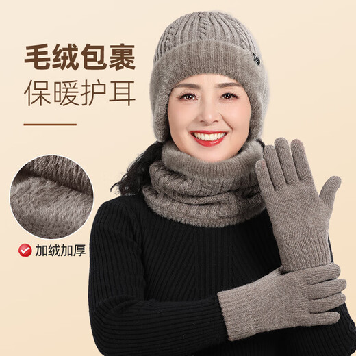 Lugeli middle-aged and elderly hats for women and men winter ear protection windproof plus velvet warm wool hat gift for grandma, old lady and mother, khaki hat + scarf