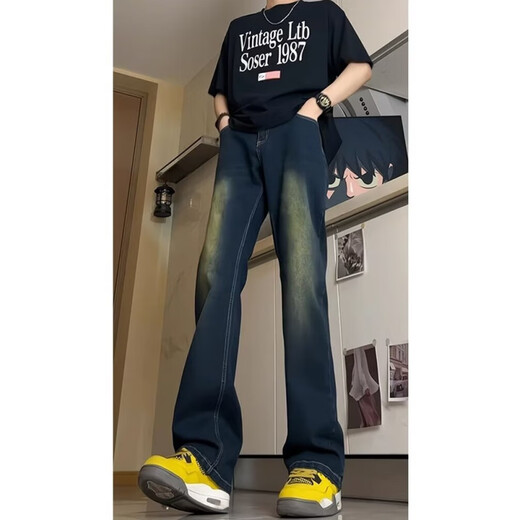 迪伽达 牛仔裤男士宽松春季新款美式高街微喇修身潮牌直筒阔腿裤子男 HCFS-9904藏青色 L