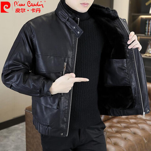 Pierre cardin winter youth leather jacket for men plus velvet thickened leather jacket handsome leather jacket fur one-piece jacket cold winter clothing Khaki 2XL (suitable for 135-150Jin [Jin equals 0.5 kg])