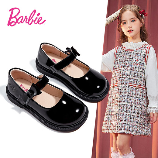 Barbie Children's Leather Shoes Single Lined Glossy Black Leather Shoes Girls Loafers Girls Small Leather Shoes DA6057 Black Size 38