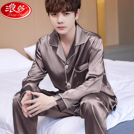 Langsha Pyjamas Herren Spring- und Herbst-Dünn-Ice-Seiden-Langarm-Teenager-Jugendjunge Seide Seide Plus Größe Home Clothing Set 9898#[Kaffee]+Klassiker Eternal 3xl 9898#[160-180jin [Jin gleich 0,5 kg]]+klassisch eternal
