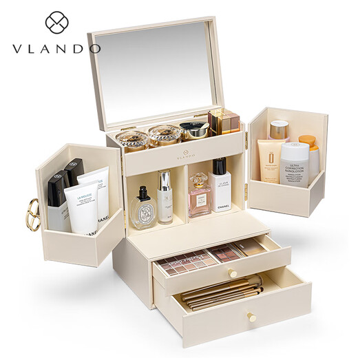 VLANDO high-end dark blue cosmetic box Christmas gift for girlfriend Large capacity can hold fairy water skin care product storage box double door - off-white large capacity - gift recommendation