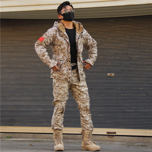 Tuo Lang autumn and winter outdoor camouflage suit for men and women, construction site security plus velvet cotton coat, windbreaker, fishing and cold protection for mountaineering, sand color, new G8 cotton coat + frog pants, L/34 size (145-160Jin Jin equals 0.5kg)