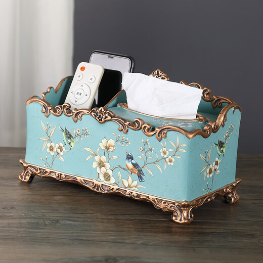 Tira Living Room European Tissue Box Multi-functional Paper Box Coffee Table Home Creative Decoration Ornament Remote Control Storage Box 1047 Blue Warbler Blossom