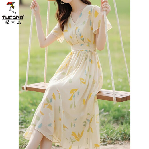 Woodpecker gentle date chiffon dress for women in summer 2025 new style this year's popular waist-closing seaside vacation floral long skirt picture color M suggests 95--104Jin [Jin equals 0.5 kg]