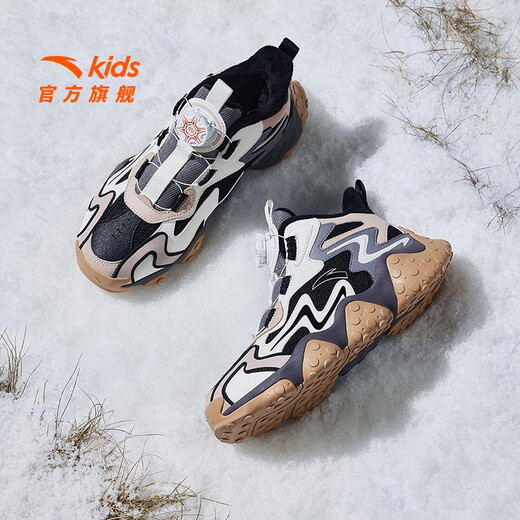 ANTA Children's Cotton Shoes Men's Big Children's Shoes 2024 Winter Plush Warm Knob Buckle Snow Non-Slip Rock High Top Cotton Boots Black/Ivory/Lotus Khaki-1 35