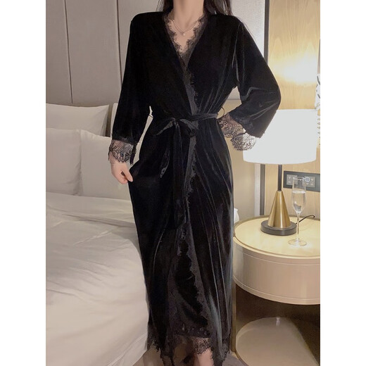 猫人女生睡衣冬天性感性感睡衣女士秋金丝绒长款睡裙睡袍两件套法式蕾 3878吊带裙 中式盘扣配胸垫 L 165120斤内