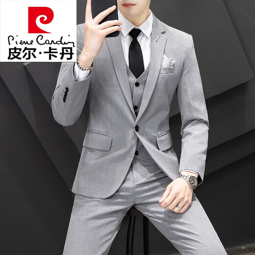 Pierre Cardin suit men's Korean style casual business formal jacket slim fit groomsmen wedding dress no-iron suit knitted apricot two-button suit + pants + vest + shirt S recommended 80-95Jin Jin equals 0.5 kg