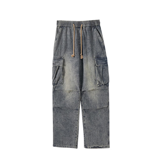 NEW OR MODE Distressed Workwear Jeans Men's American Retro Washed High Street Pants Trendy Brand Loose High-Level Straight Pants Cement Yellow XL