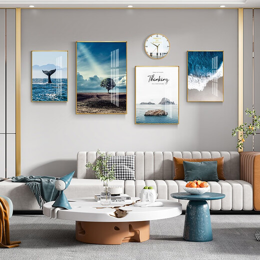 Mohu (mohu) living room decoration painting sofa background wall mural modern simple landscape landscape painting TV wall high-end new style hanging painting Haikuotian 15934 (including wall clock) Art crystal porcelain combination-black frame