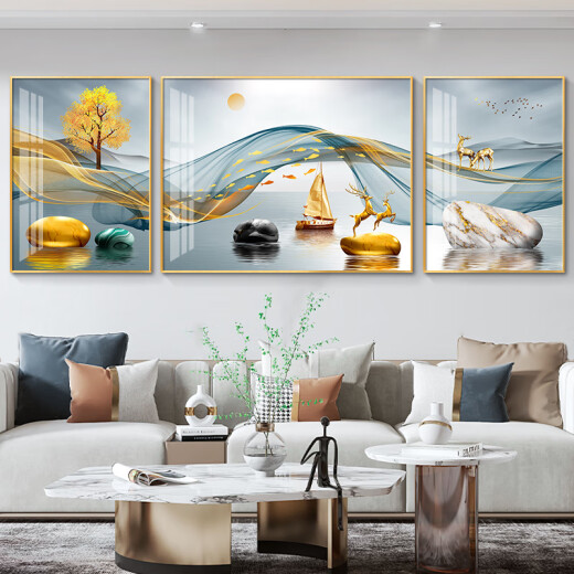 Sanqihu maßgeschneidert für leichte Luxus Wohnzimmer Dekoration Malerei Sofa Hintergrund Wandmalerei Mural Malerei Fulu Landschaft Triptycharchatchatmosphärische HJ-3893-Smooth Segel für 2-2,5 Meter Sofa 40*60 m auf beiden Seiten geeignet