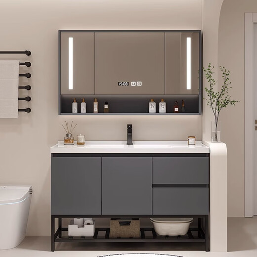 
Simple solid wood ceramic basin integrated basin bathroom cabinet floor-standing wash basin cabinet combination bathroom face washing custom 12048 light luxury gray smart mirror cabinet floor cabinet style