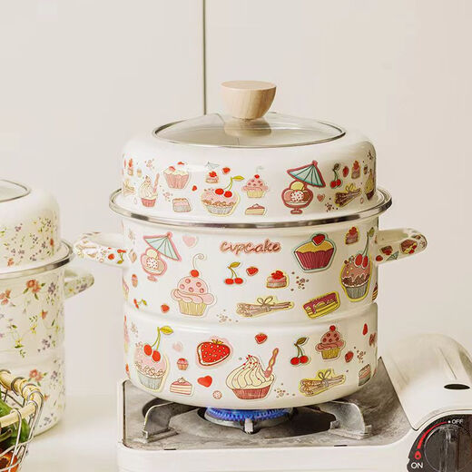 Mincheng's new thickened 24 cm double-layer steamer household enamel soup pot enamel two-layer steamer induction cooker gas stove cake flower double-layer steamer 2 layers 24cm