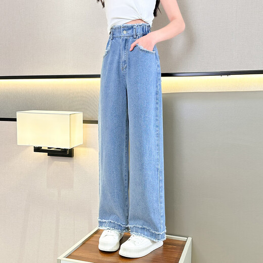 NICKYBABY女童裤子夏季薄款儿童2025新款夏装天丝直筒牛仔裤大童冰丝阔腿裤 15030蓝色+9889蓝色【套装】 120