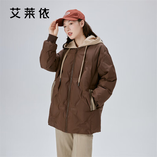 Ai Lai down jacket women's fake two-piece short hooded loose fashion warm baseball jacket honey tea brown 165