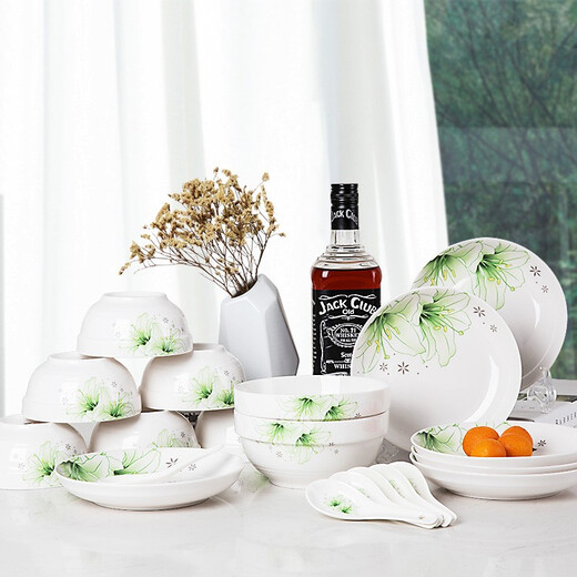 Love the dishes, ceramic set, household practical tableware set, bowl, plate, bowl, chopsticks, bowls, Jingdezhen tableware 20 heads, 20 heads, green appointment
