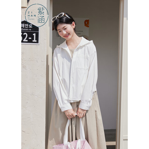 紫涵（ZIHAN）紫涵连帽宽松外套女2025年秋季新款简约韩系通勤风松弛感拉链上衣 白色 S