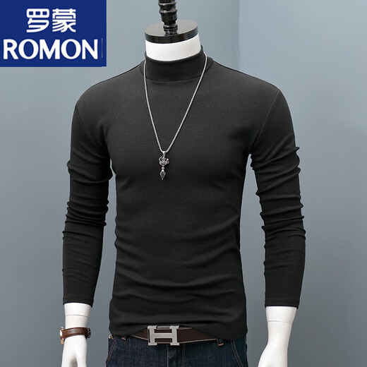 ROMON Cotton Spring Autumn and Winter Half Turtle Collar Bottoming Shirt Men's Slim Fit Lined Long Sleeve T-shirt Men's Autumn Clothes Outerwear Black XL Recommended 140Jin Jin equals about 0.5kg
