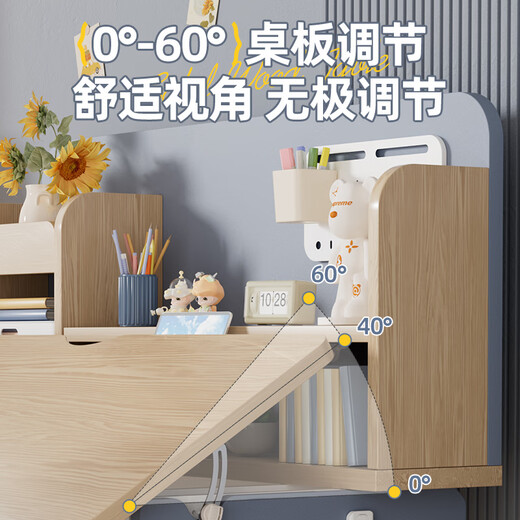 Reading Children's Study Desk and Chair Set Multi-functional Literary and Middle School Students' Tables and Chairs Writing Home Desks 1-meter Wooden Table + Higher Bookshelf + Chasing Chair Blue
