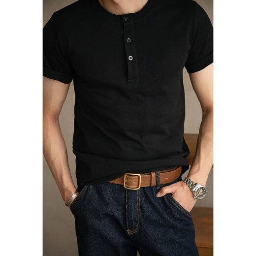 JEEP SPIRIT pure cotton T-shirt men's henley shirt short-sleeved men's summer American stand-up collar tough guy trendy bottoming shirt casual half-sleeved T-shirt white collar stand-up three-button sleeve short XL (180) -