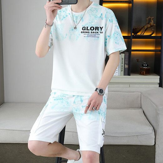 JEEP SPIRIT吉普男士套装休闲运动一套衣服潮流装夏季薄款短袖短裤两件套 6187套装 绿色 M (建议95-110斤)