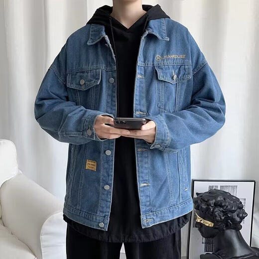YOOOURTHING牛仔夹克外套男春秋新款炸街上衣韩版潮流休闲棒球服宽松休闲男装 黑色 L 建议120-135斤