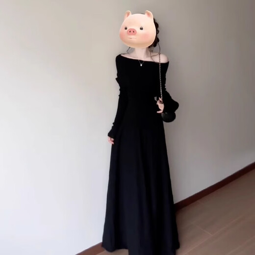 St. Paul's one-shoulder black knitted dress women's autumn and winter 2025 new Hepburn style inner long skirt suit black suit S size