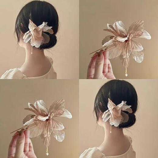 Meng Keduo New Chinese Flower Ancient Style Hairpin Women's Tassel Hair Fork Chinese Style Hanfu Headdress Step-Shaking Hair Accessories Hairpin Hairpin Champagne Color 1