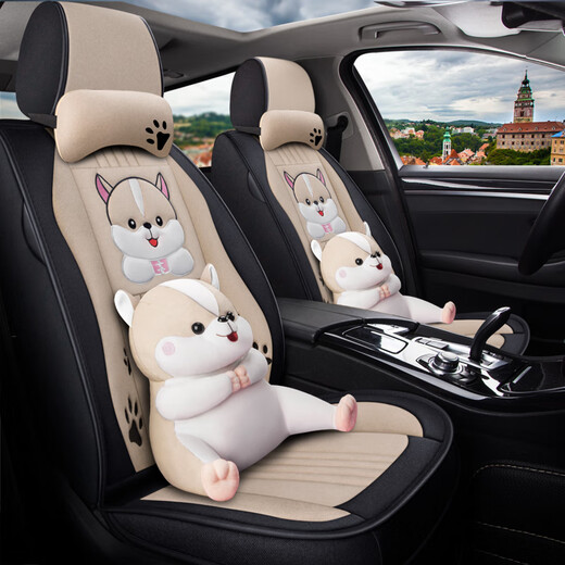 Omanu car seat cushion, four-season linen full-enclosed cartoon cute car seat cover fabric, four-season universal suitable for cartoon version warm rice, Peugeot 307 308 408 4008 5008