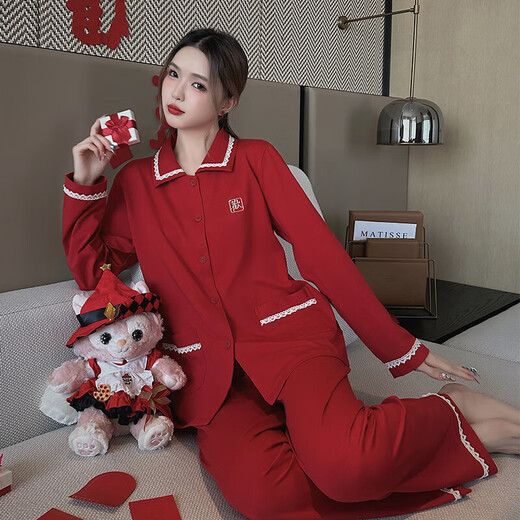 Adore autumn and summer zodiac year big red pajamas for women autumn and winter 2026 new comfortable loose long-sleeved wedding home wear set red suit 88116 L (suitable for 100-120 Jin Jin equals 0.5 kg)
