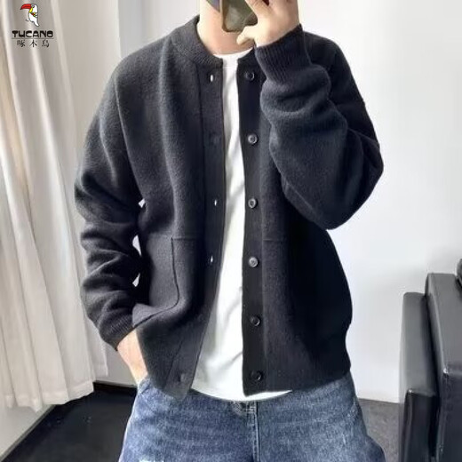 啄木鸟（TUCANO）针织开衫外套男春秋冬季潮牌宽松毛线衣夹克男圆领帅气百搭秋冬装 YM128黑色 厚款 M