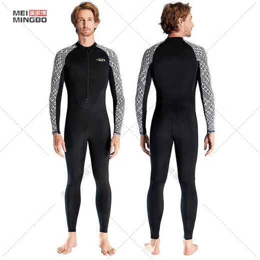 Zailu quick-drying large size swimsuit sun protection surfing wetsuit for men and women motorboat one-piece snorkeling wetsuit for hot springs black white flower sleeves for men - front zipper D03007 XS XS