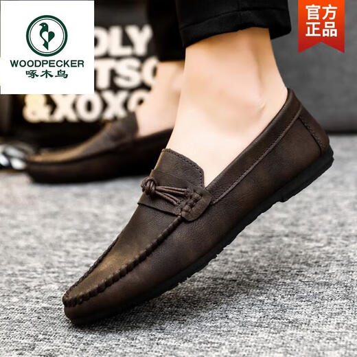 Holzspecker Herrenbohnenschuhe Koreanische Version der geschäftlichen Arbeit lässige Lederschuhe atmungsaktiv und vielseitig ohne Rutsch einstufige Männerschuhe 2025 Spring D826 Black 39 Small