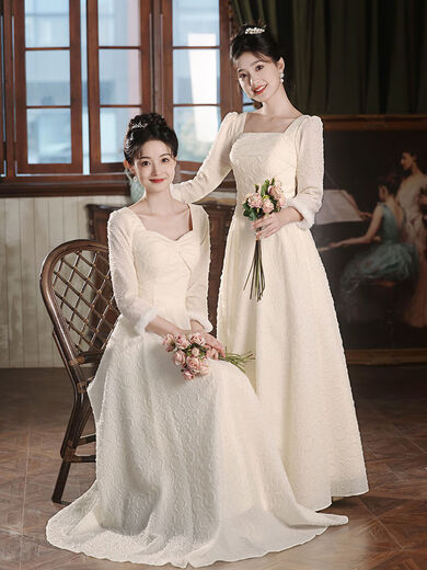Gu Moxi bridesmaid dress can usually be worn in autumn and winter, champagne color bridesmaid dress for women, winter French wedding, fairy sisters and best friends group H135 champagne color long style A S