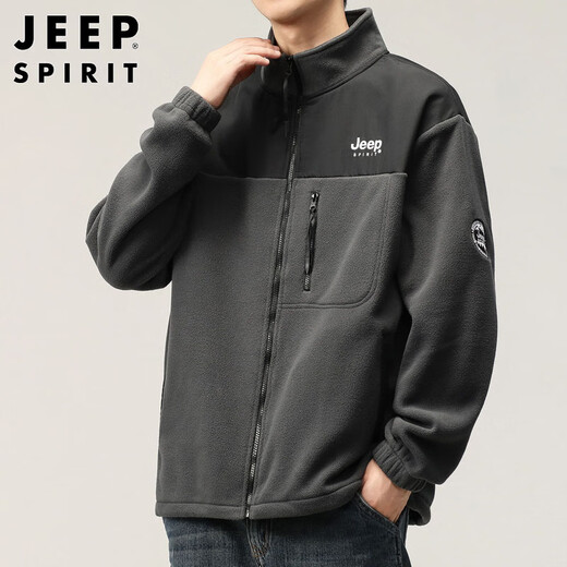 JEEP SPIRIT Jeep Jacket Men's Autumn and Winter Sweater Men's Men's Polar Fleece Casual Cardigan Fleece Clothes Dark Gray XL