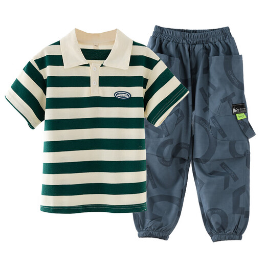 
McTicco boys summer suit new children's summer sports polo short-sleeved pants fashionable and handsome big boy boy 9850 green stripes + 5798 khaki 170