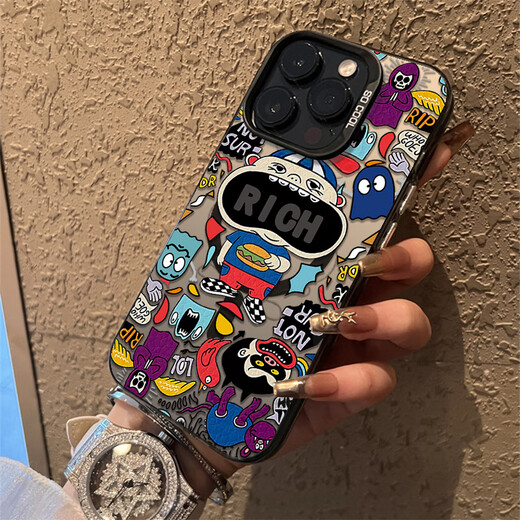 Du Fanna trendy brand graffiti magnetic suction suitable for Apple 16 mobile phone case 14plus boys 13 creative iPhone 15 personality 11promax cartoon 12 couple anti-fall full package silicone black [magnetic suction case] RlC trendy brand graffiti iPhone 16 Pro Max