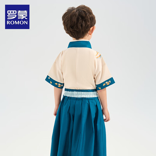 罗蒙汉服男童2025夏款古风古装中国风演出服儿童唐装 花青色 150