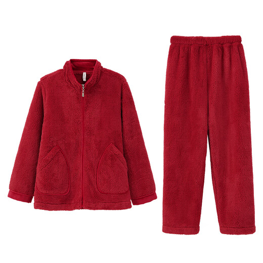 Anzhiban pet companion anti-static couple pajamas autumn and winter snowflake velvet animal year red men and women home wear set brick red (female) L