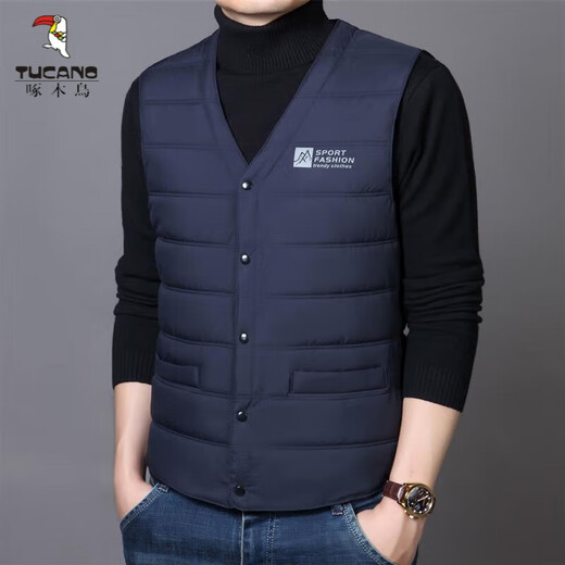 Woodpecker (TUCANO) middle-aged and elderly down cotton vest men's autumn and winter short style inner wear close-fitting waistcoat dad wear warm vest navy blue 3XL suitable for 140-155Jin Jin equals 0.5 kg
