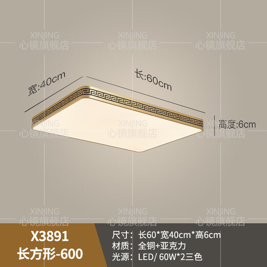 心镜全铜户外吸顶灯别墅大门口灯中式阳台玄关过道防蚊虫进门入户灯 X3891-400*600/长方形