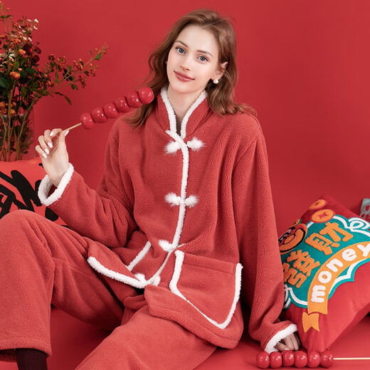 Fenton Pajamas Women's Autumn and Winter Coral Velvet Thickened Stand-up Collar Long Sleeve Imitation Sherpa Festive Chinese Pajamas Home Clothing New Year Maple Leaf Red XL