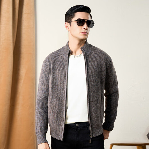 Chunzhu high-neck zipper men's cardigan autumn and winter new pure wool sweater long-sleeved sweater warm and comfortable loose top Gray Camel M (105CM)