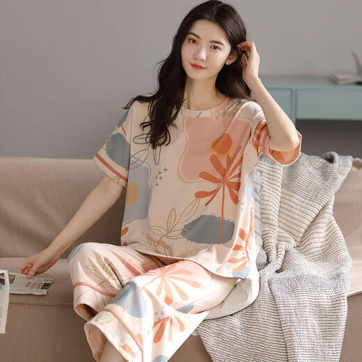 Pei Shiyan high-quality cotton pajamas for women in summer short-sleeved two-piece set cartoon sweet summer thin style can be rose color a9859 shorts XL 115-135Jin [Jin equals 0.5 kg]
