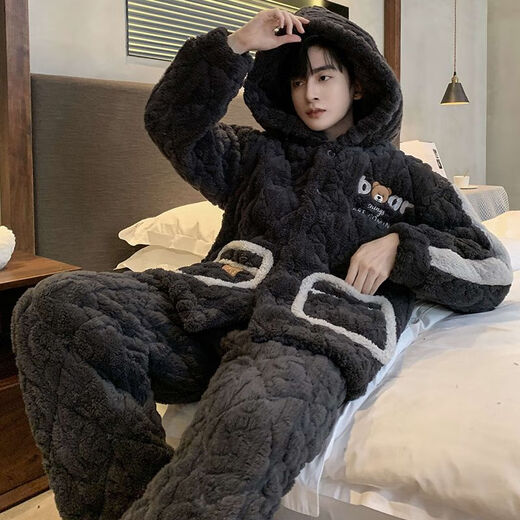 FHHUABD湖南省服男冬季加绒加厚睡衣冬款珊瑚绒三层夹棉袄秋冬天家居服 g679 M 标准码建议身高165左右体重