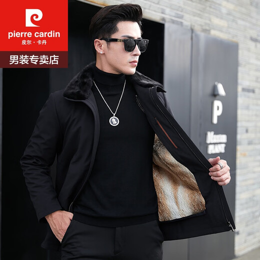 
Pierre cardin new Parka coat fur integrated men's short Haining mink liner mink Nick fur coat 236 black (black liner) 2XL